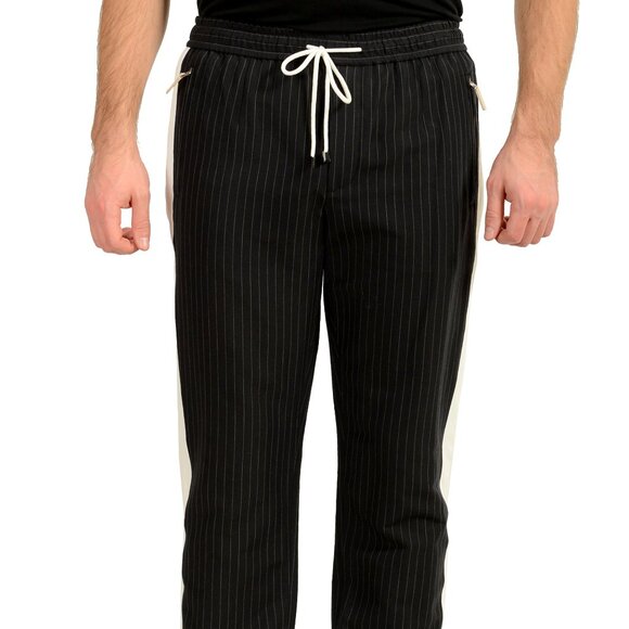 Dolce & Gabbana Men's Black Striped Linen Elastic Waist Pants US 30 IT 46
